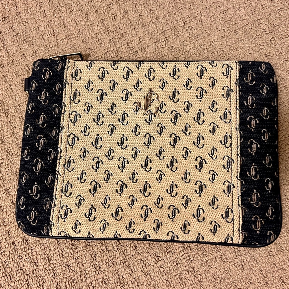 Authentic Jimmy Choo Derek-N Clutch Bag Beige Navy Canvas 2021